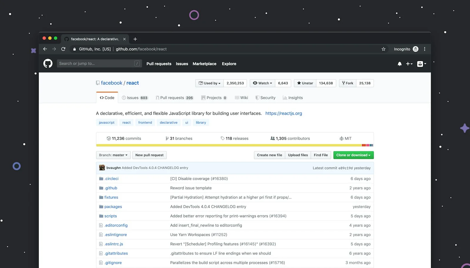 Github website on desktop - Photo by Luke Chesser on Unsplash Browser window showing the facebook/react GitHub repository page with its file list and commit history