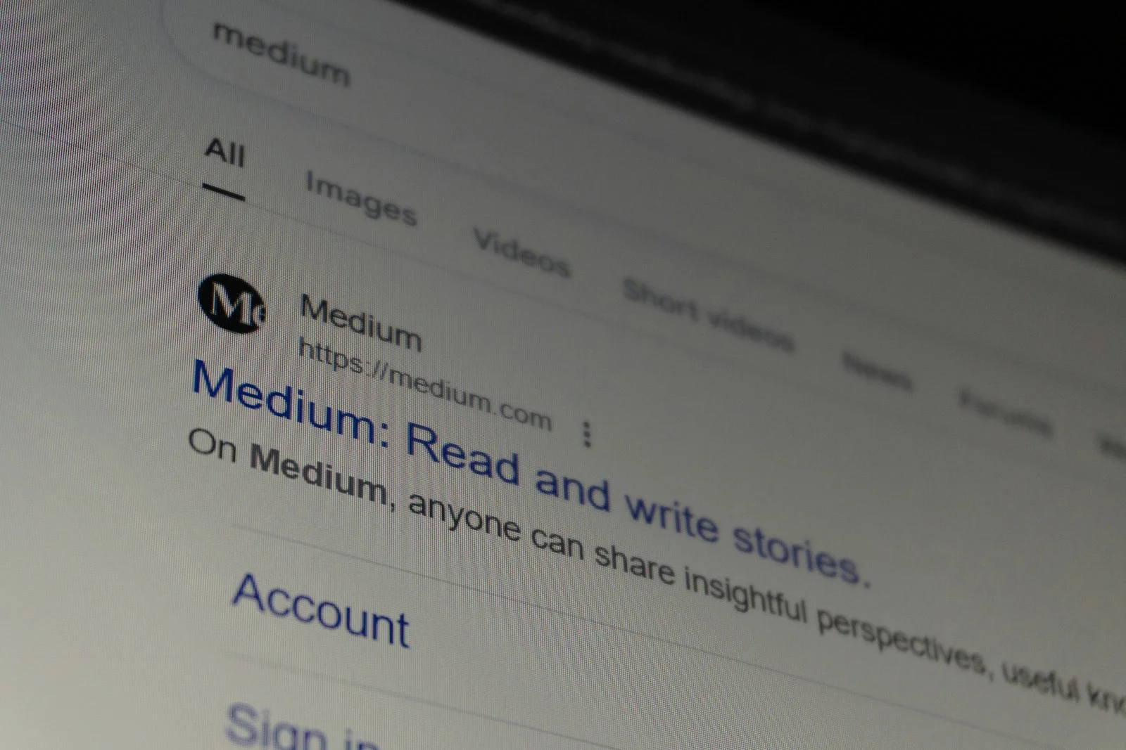 Screenshot of the medium website search results page