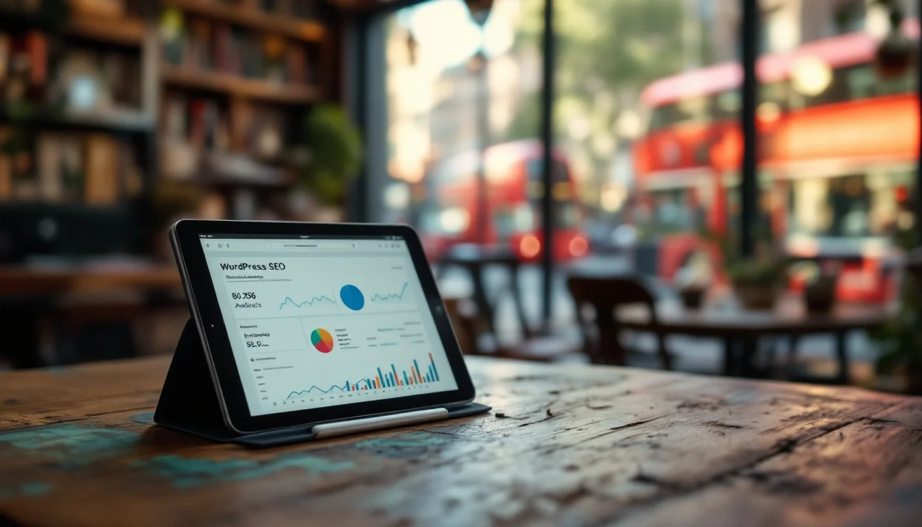 Cost Of WordPress SEO Services In London — A London shop owner checking their WordPress SEO analytics on a tablet, with red