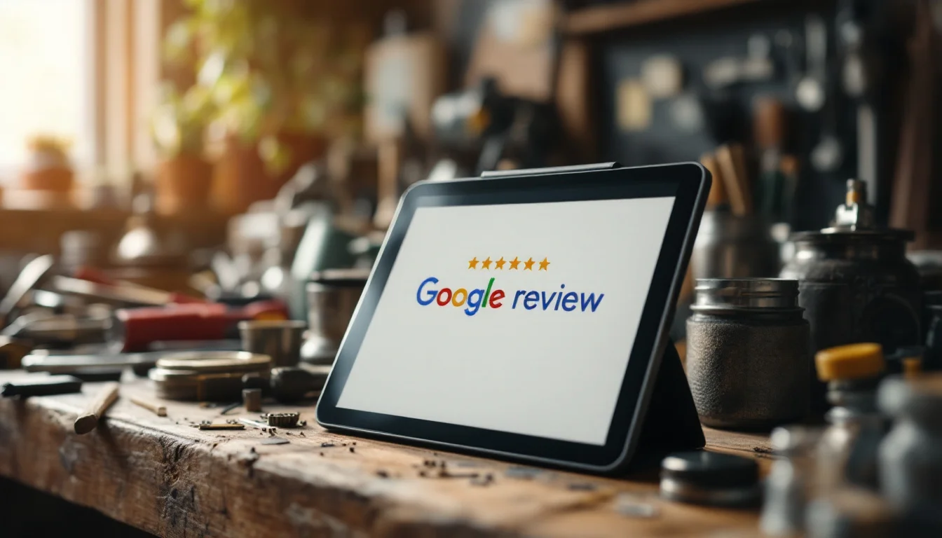 Common WordPress SEO Problems And Solutions — Photo of a UK shopkeeper or tradesperson replying to a positive Google review on Common WordPress SEO Problems And Solutions — Photo of a UK shopkeeper or tradesperson replying to a positive Google review on
