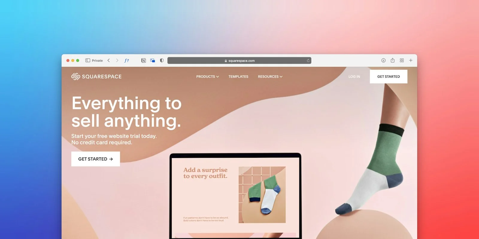 a computer screen with a picture of a woman's legs - Photo by Team Nocoloco on Unsplash Squarespace homepage in a desktop browser, showing a sock advert and laptop mock-up