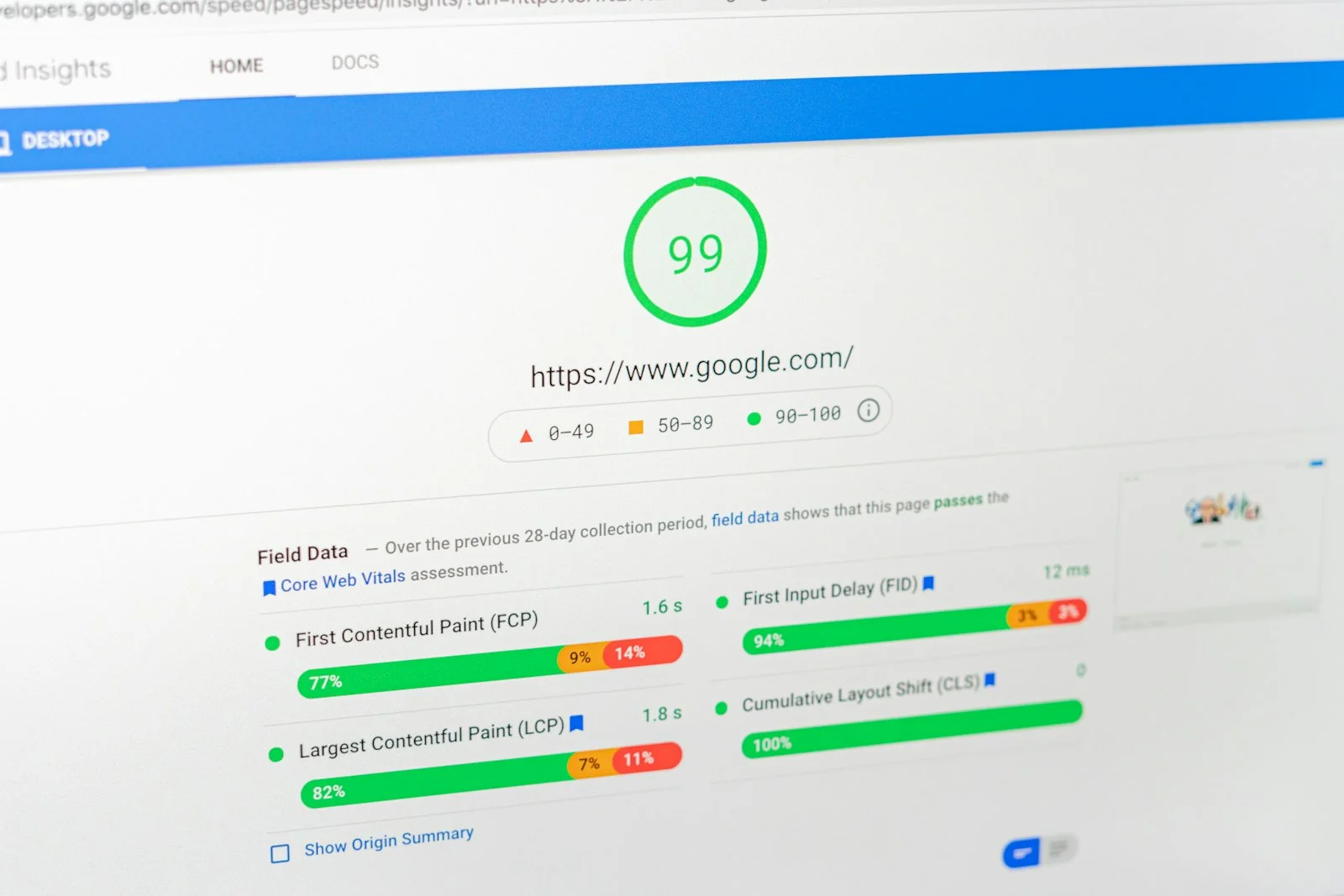 Google PageSpeed Insights report showing a desktop score of 99 with passing Core Web Vitals data